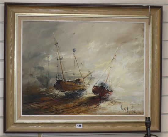 Ben Maile (1922-), oil on canvas, Fishing boats at low tide, signed, 50 x 65cm